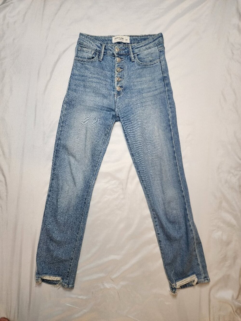 Just Black Denim High Rise Button Fly Straight Jeans Distressed Hem Size 24